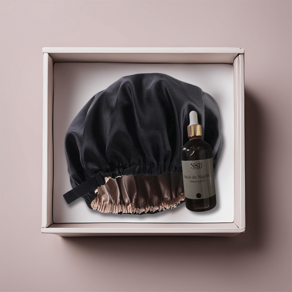 Huile de Nigelle Habachia d'Ethiopie 3 en 1 - Bonnet en Satin - Protection Nuit